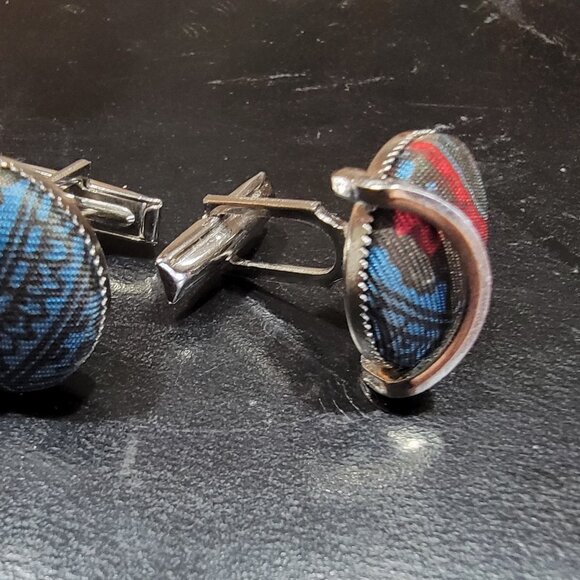 Vintage Navy and Red Fabric Covered Cuff Links-1970s - Picture 3 of 3